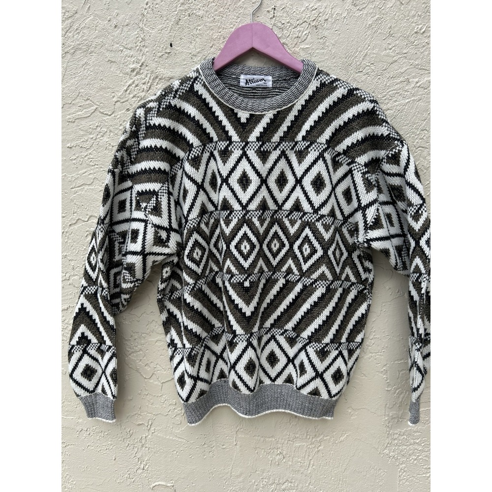 Vintage Atrium Mens XL Geometric Diamond Knit Sweater Made in USA Black Brown